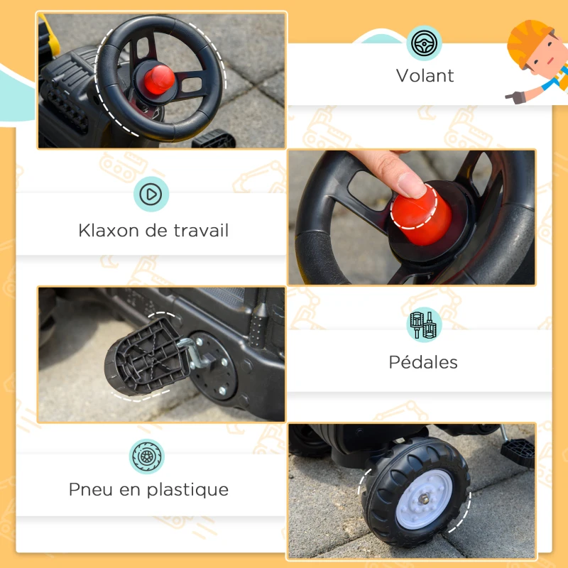 HOMCOM Tracteur à pédales avec remorque amovible pelle et râteau jeu de plein air enfants 3 à 6 ans jaune noir