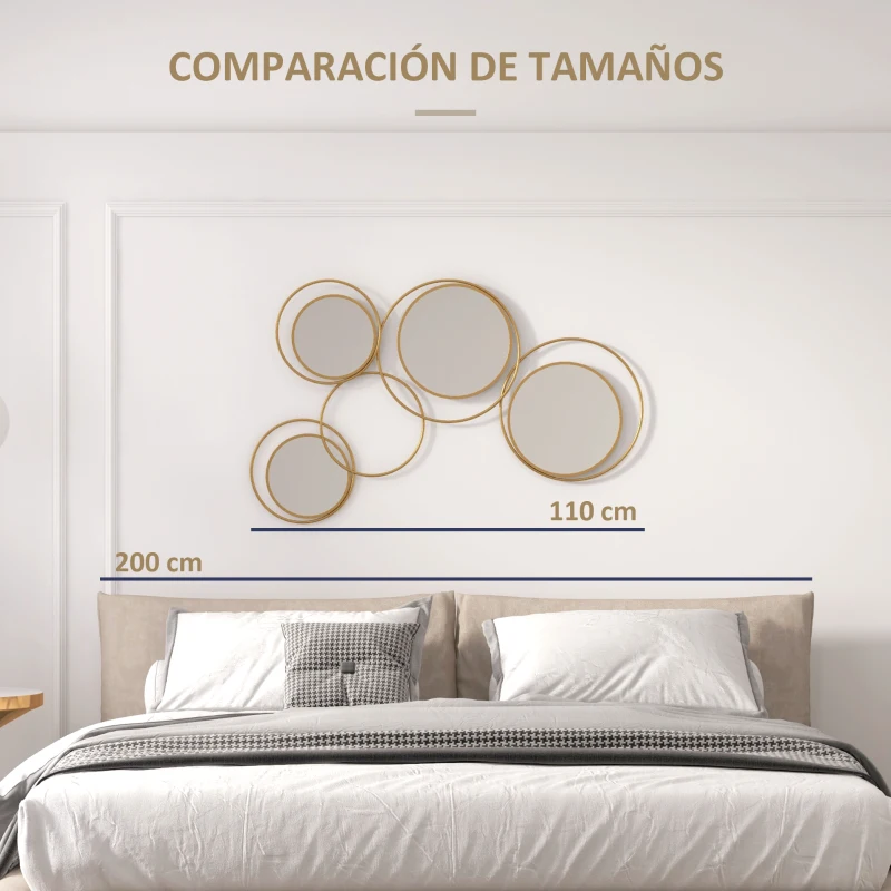 HOMCOM Espejo Decorativo de Pared de Metal 3D Decoración con 4 Espejos Redondos para Salón Dormitorio Pasillo 110x68 cm Dorado