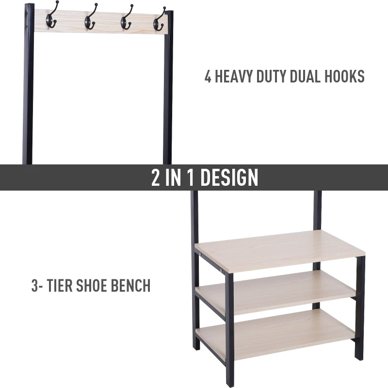 HOMCOM 4 Hooks Wooden Garment Rack Freestanding Coat Rail Storage Shelves Metal Tidy Shoes Clothes Stand Entryway Furniture - 60L x 40W x 175H (cm)