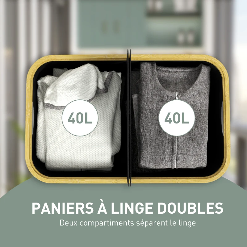 HOMCOM Panier à linge double pliable 80 L corbeille à linge sale avec couvercle, poignées rainurées, noir