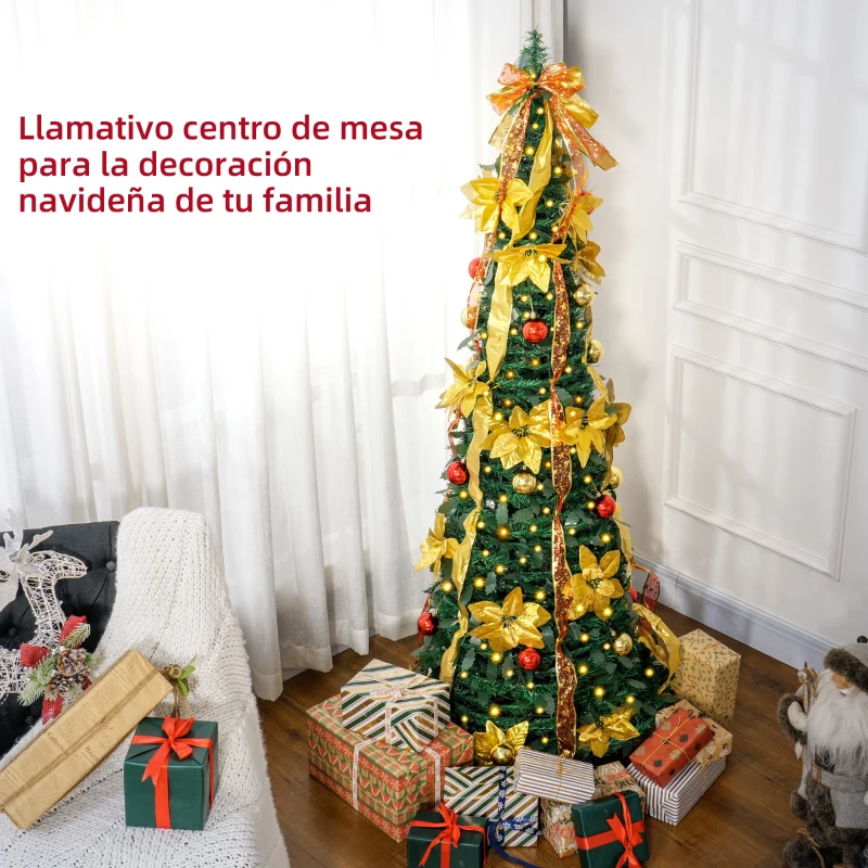 HOMCOM Árbol de Navidad Plegable con Luces LED en Blanco Cálido y Adornos Pre-instalados para Interior Ø60x180 cm Verde