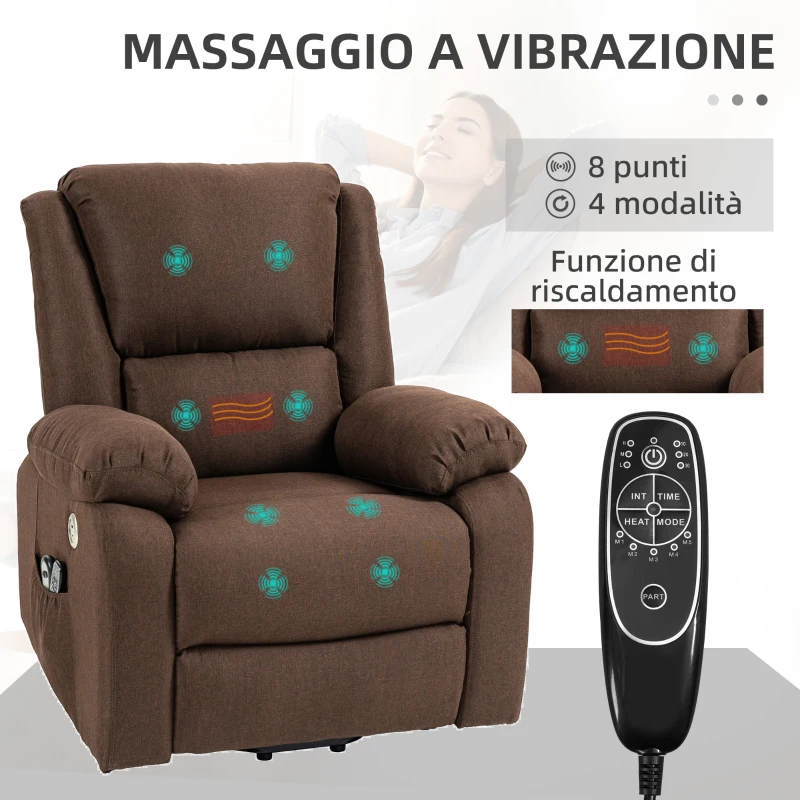HOMCOM Poltrona Alzapersona Reclinabile con Poggiapiedi, in Tessuto Effetto Lino, 87x92x105 cm, Caffè