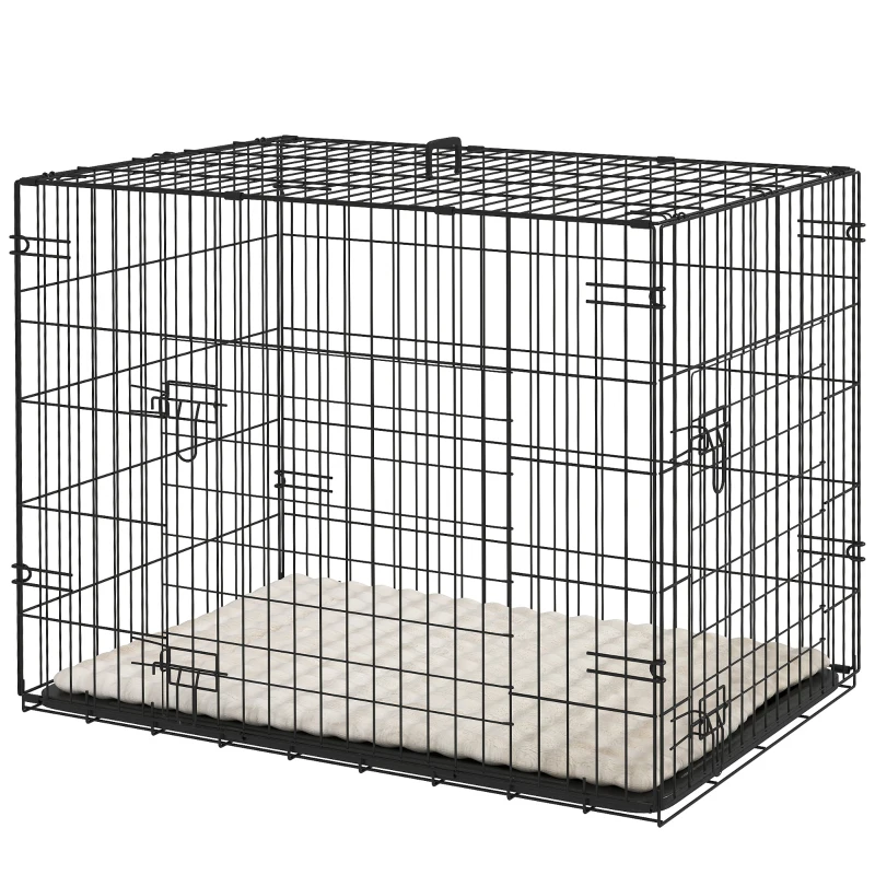 PawHut Foldable Dog Crate with 2 Doors with Tray, Soft Cushion, for Small Dogs, 76 x 53 x 60, Black