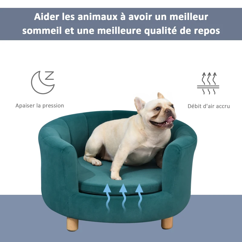 PawHut Canapé chien lit pour chien chat avec accoudoirs coussin moelleux pieds bois massif dim. 65 x 64 x 37 cm velours bleu canard