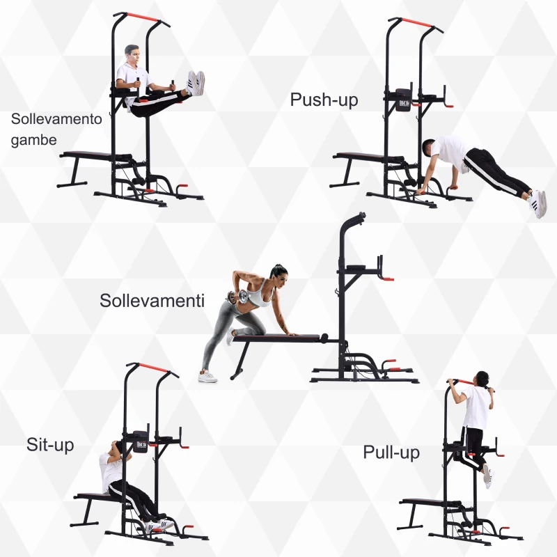 HOMCOM Palestra Multifunzione Power Tower per Allenamento a Casa con Panca e Barra di Trazione, Stazione Fitness Pieghevole, 98x 220x181-229cm