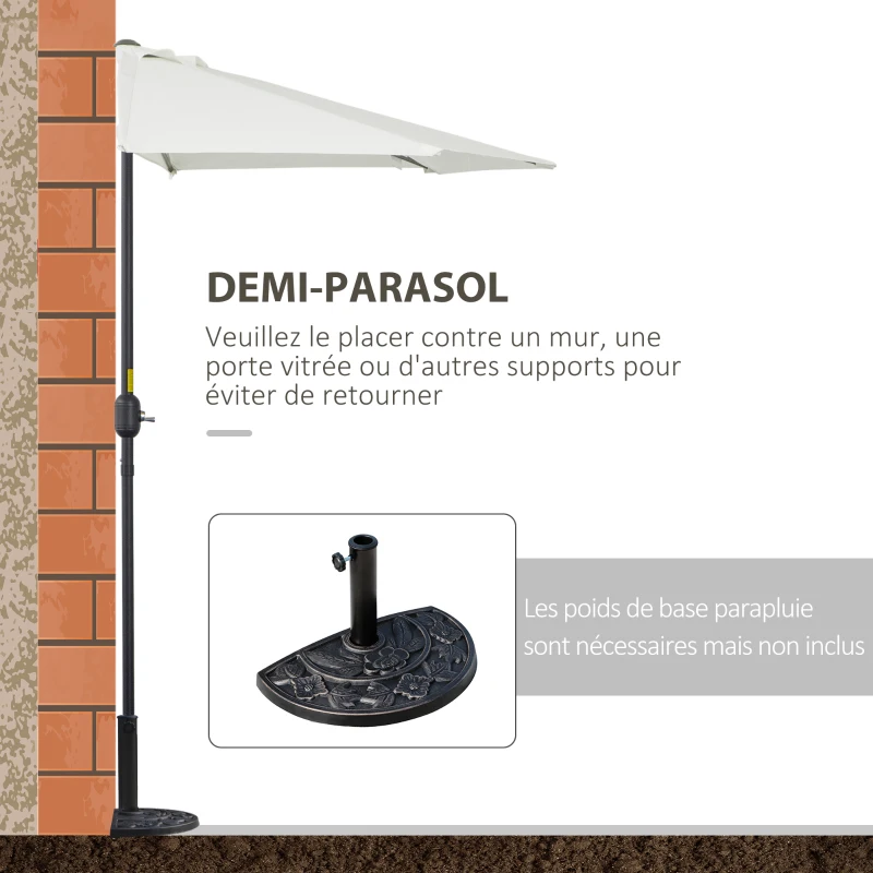 Outsunny Demi-Parasol Ø 2,7 m parasol de balcon 5 entretoises métal polyester crème