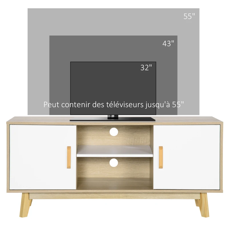 HOMCOM Meuble TV Banc TV scandinave 2 niches et 2 rangements avec Portes - dim. 120I x 40P x 55H cm - Bois Blanc Chêne
