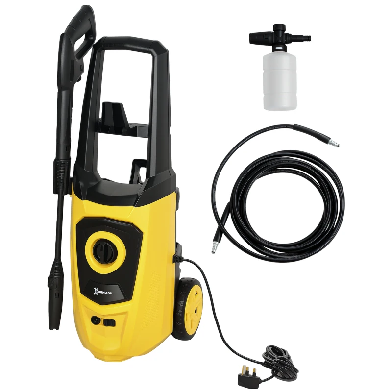 DURHAND 1800W High Pressure Washer, 150 Bar Pressure, 510 L/h Flow, High-Performance Portable Power Washer Jet Wash Cleaner with 6M Hose, Snow Foam Bottle for Garden, Car, Furniture, Yellow