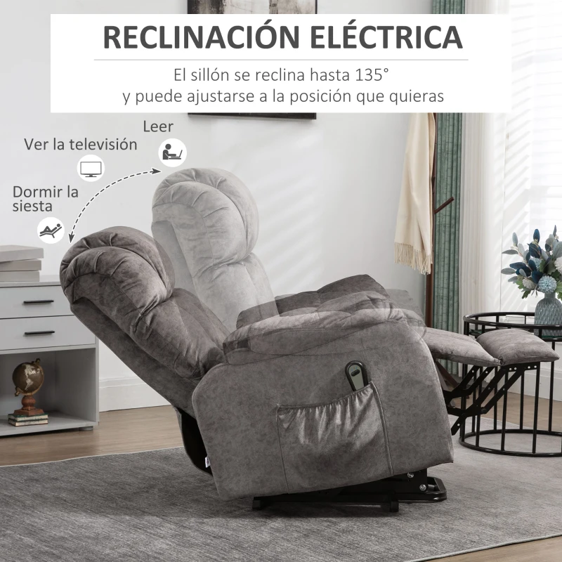 HOMCOM Sillón Levanta Personas Eléctrico con Reclinación hasta 135° Mando a Distancia Reposapiés y 2 Bolsillos Gris