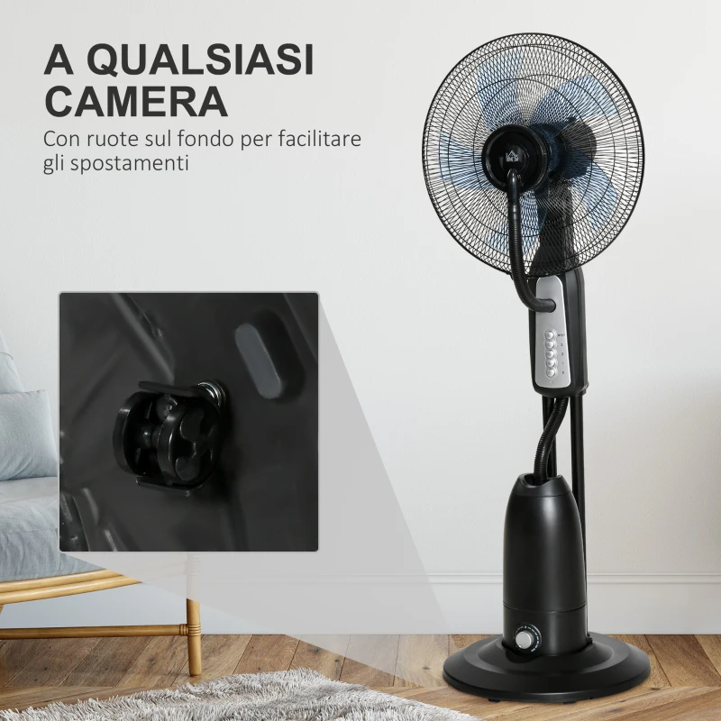 HOMCOM Ventilatore Nebulizzatore 90W a 4 Ruote con Serbatoio 2.8L e 4 Velocità, in Metallo, PE e ABS, 44.5x38.5x120 cm