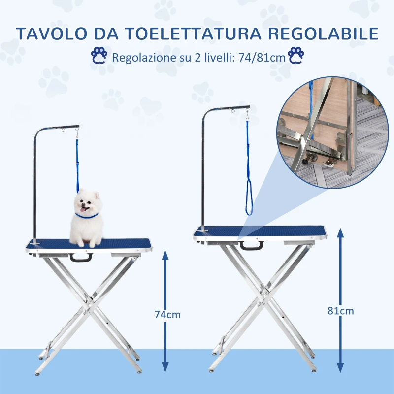 PawHut Tavolo Toelettatura Pieghevole con Maniglia Integrata, Braccio Regolabile e Guinzaglio, 70x45x74-81cm, Blu
