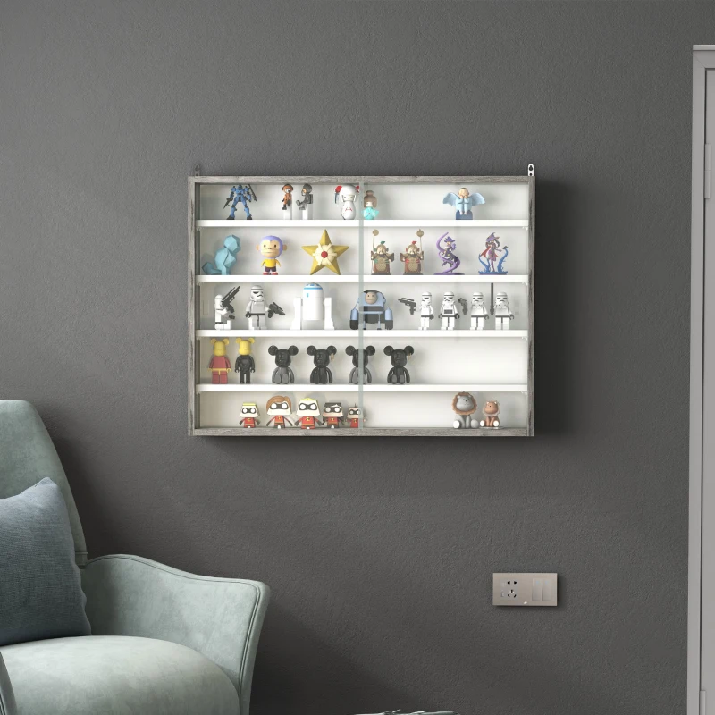 HOMCOM 5-Tier Wall Display Shelf Unit Cabinet w/ 4 Adjustable Shelves Glass Doors Home Office Ornaments 60x80cm Grey Wood Grain