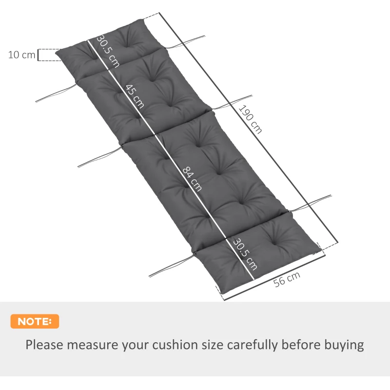 Outsunny Sun Lounger Cushions Only, 190x56x10cm Garden Lounge Chair Cushions, UPF20+ 220gsm Fabric, Thick Sunbed Replacement Pads with 6 Ties, Dark Grey