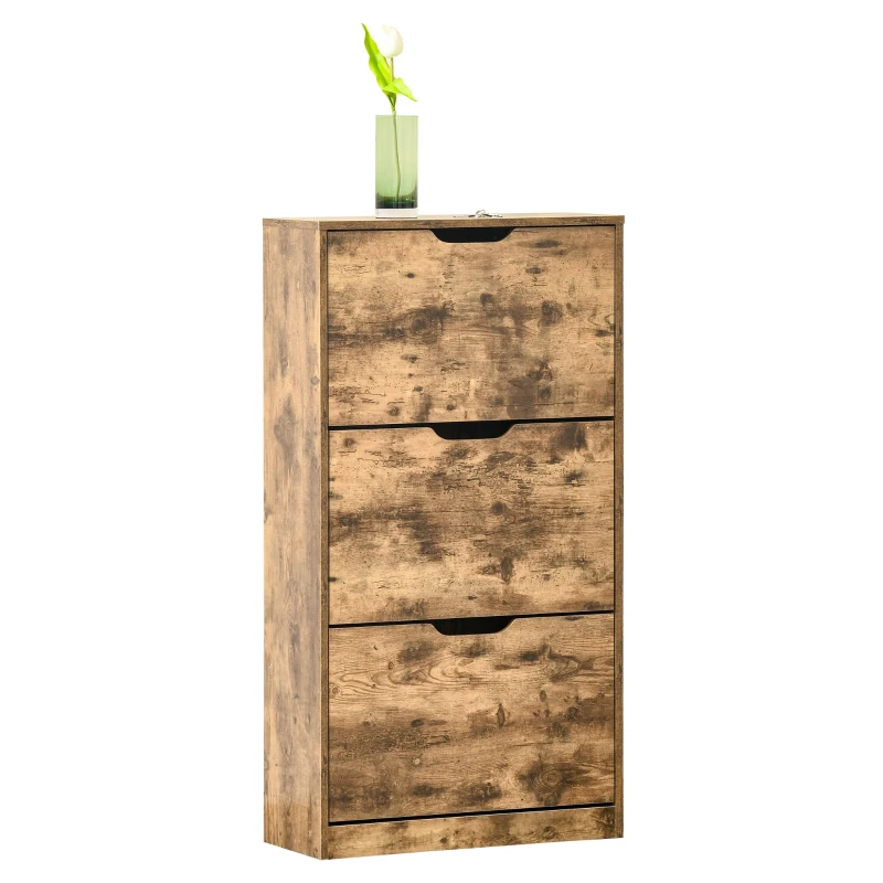 HOMCOM Industrial Shoe Cabinet with 3 Flip Drawers, Narrow Shoe Storage Cabinet for 18 Pairs, Freestanding Slim Shoe Storage Organiser for Entryway, Hallway, Rustic Brown