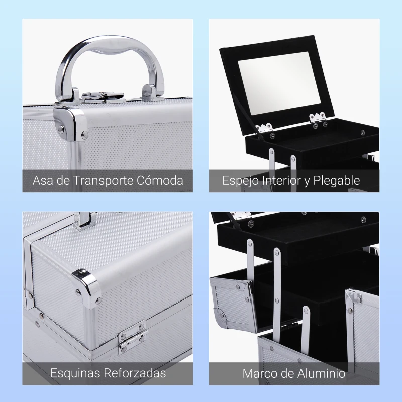 HOMCOM Maletín Maquillaje Profesional Estuche de Cosmético Portátil con Bandejas de 3 Niveles y Espejo 2 Llaves para Joyero Manicura Viaje 20x15x15 cm Plateado