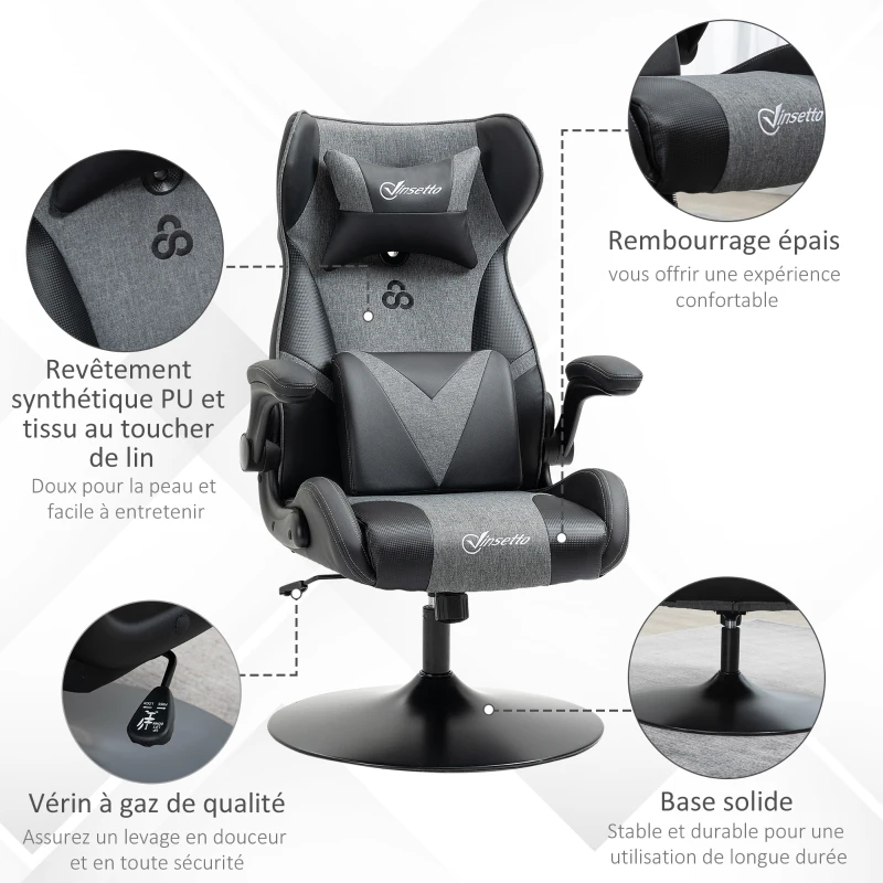 Vinsetto Chaise de gaming ergonomique avec base ronde hauteur réglable accoudoir relevable coussins tétière et lombaires PU gris noir(m-8)