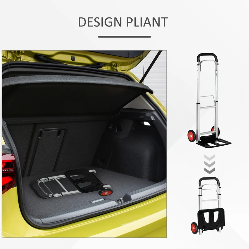 DURHAND Chariot de manutention Diable Pliable en Aluminium et Acier avec poignée télescopique et 2 Roues EVA - Charge Max. 90 kg