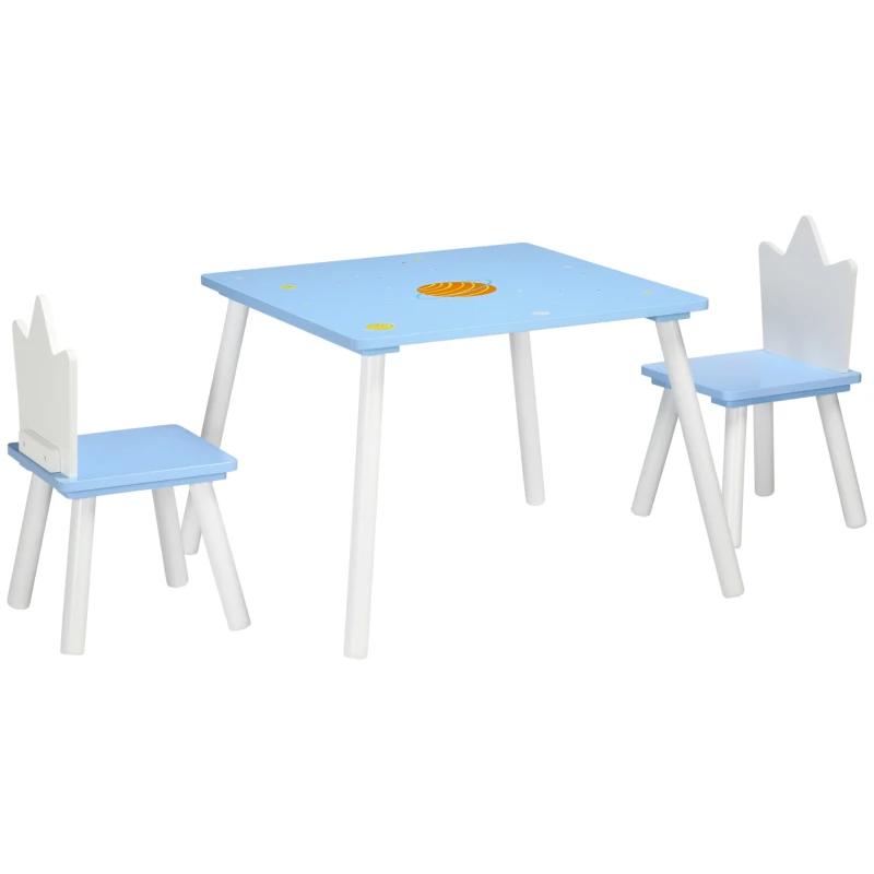 ZONEKIZ Juego de Mesa y 2 Sillas Infantiles de Madera para +18 Meses Estampado Espacial 68x68x47 cm y 30x30x51,5 cm Azul