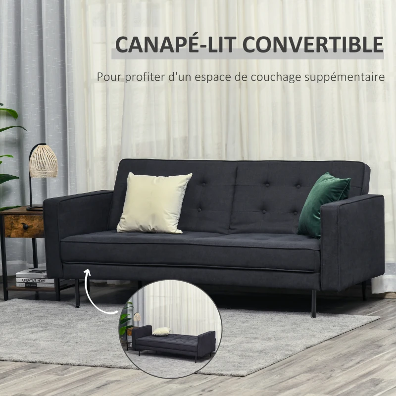 HOMCOM Canapé Convertible 3 Places Style Chesterfield capitonné Dossier inclinable 3 Positions Tissu Gris foncé