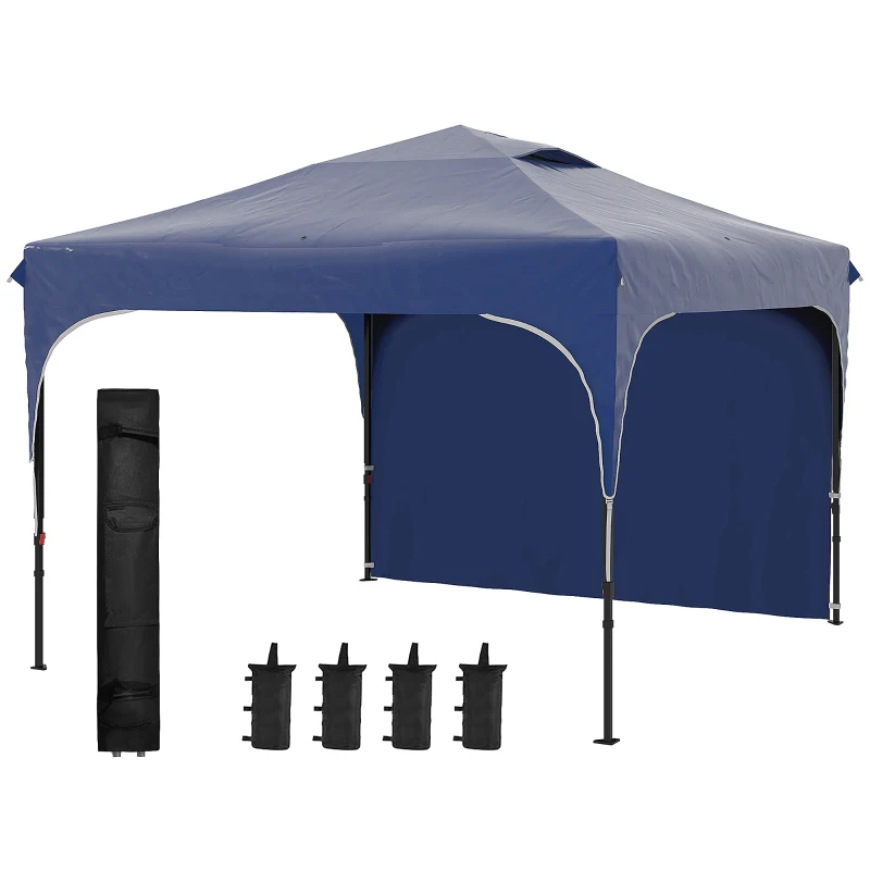 Outsunny Cenador de Jardín 3x3 m con Altura Ajustable 1 Pared Lateral Impermeable 4 Bolsas de Arena y Bolsa de Transporte Azul