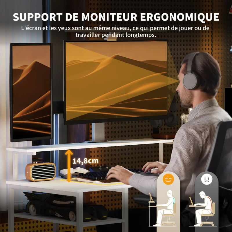 HOMCOM Bureau d'angle, en forme de L avec prise intégrée, support d'écran et étagère de rangement, blanc