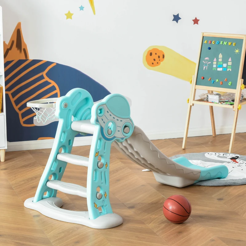 HOMCOM Tobogán para Niños +18 Meses Plegable 2 en 1 con Canasta de Baloncesto Modelo Jirafa Juguete Infantil para Interiores y Exteriores 140x87x75 cm Azul y Gris
