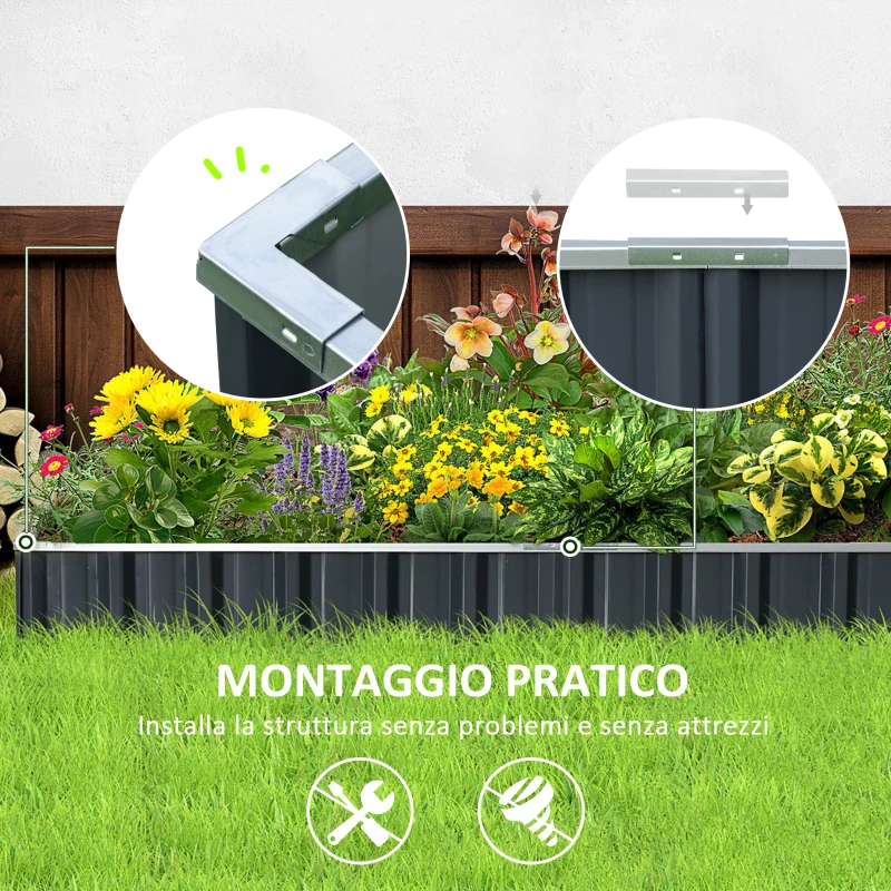 Outsunny Aiuola Rialzata, Modulabile r Senza Fondo in Acciaio Zincato, 258x90x30 cm, Grigio Scuro