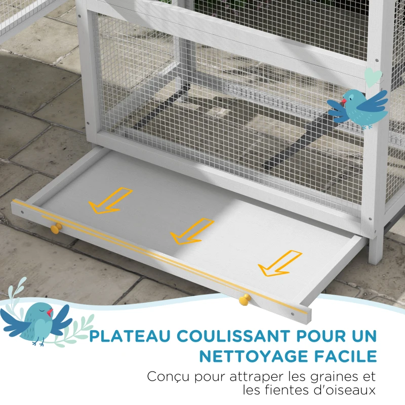 PawHut Cage à oiseaux en bois cage perroquet aire de jeux toit asphalte imperméable 92 x 52 x 171 cm gris