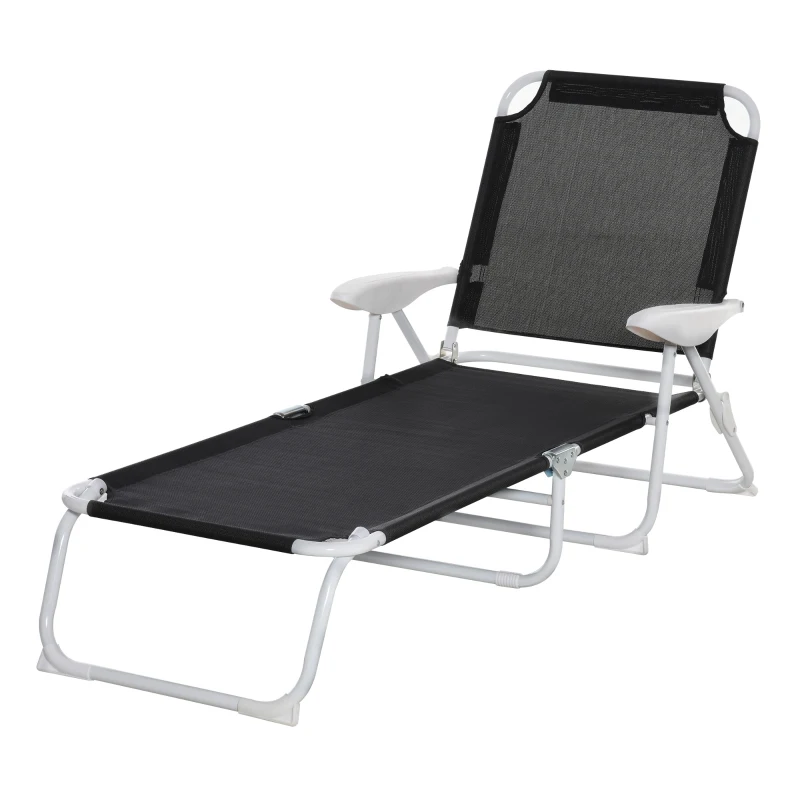 Outsunny Bain de Soleil Pliable - transat inclinable 4 Positions - Chaise Longue Grand Confort avec accoudoirs - métal époxy textilène - dim. 186L x 66l x 80H cm - Noir