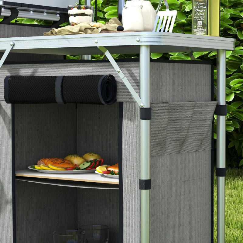Outsunny Mueble de Cocina para Camping Plegable con 3 Mesas 4 Ganchos Poste de Luz y Bolsa de Transporte 172x48x119 cm Gris(m-9)