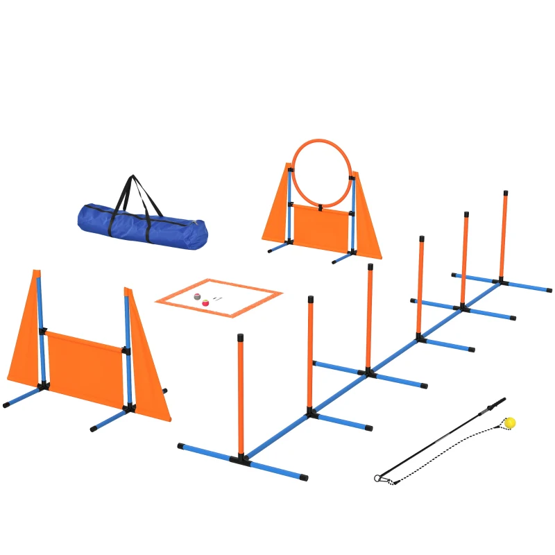 PawHut Seven-Piece Dog Agility Equipment Set with Weave Poles, Jump Ring, Hurdle, Pause Box, Carry Bag, Orange
