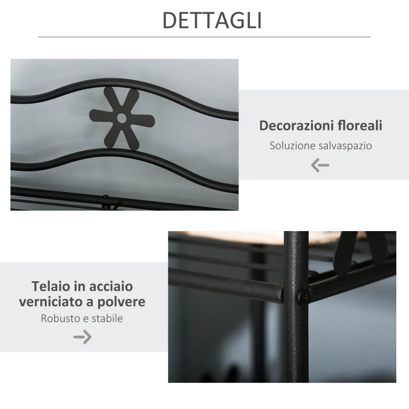 HOMCOM Armadio Guardaroba Appendiabiti con 5 Ripiani e 2 Tende, 84 x 42 x 158.5cm, in Metallo Nero con Decori a Fiori