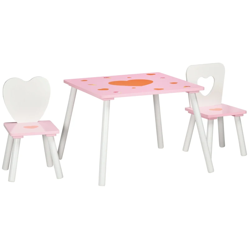 ZONEKIZ Juego de Mesa y 2 Sillas Infantiles de Madera para +18 Meses Estampado Corazones 68x68x47 cm y 30x30x51 cm Rosa