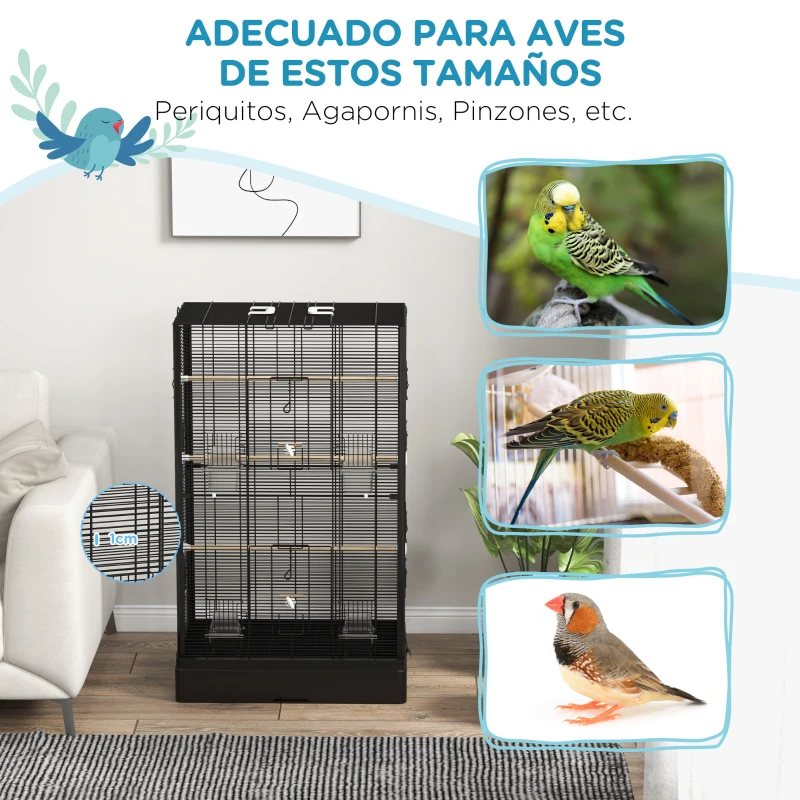 PawHut Jaula para Pájaros 61x36,5x98 cm con 8 Puertas 5 Perchas Bandeja Extraíble y 4 Comederos para Periquitos Pinzones Negro