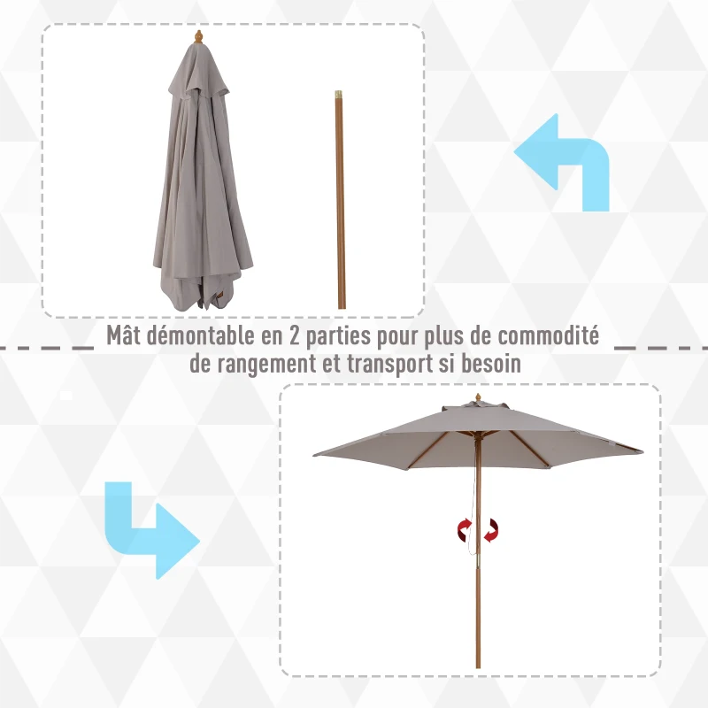 Outsunny Parasol droit parasol de jardin rond grande taille de jardin Ø 2,5 x 2,3H m bois de bambou gris