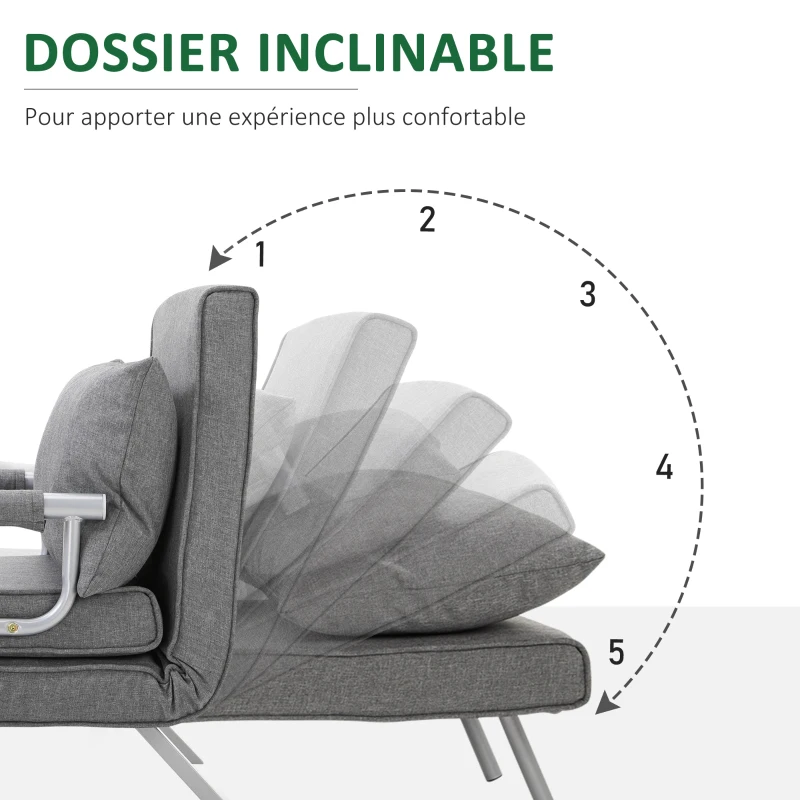 HOMCOM Fauteuil chauffeuse canapé-lit Convertible 1 Place déhoussable Grand Confort Coussin Pieds accoudoirs métal Lin Gris Clair