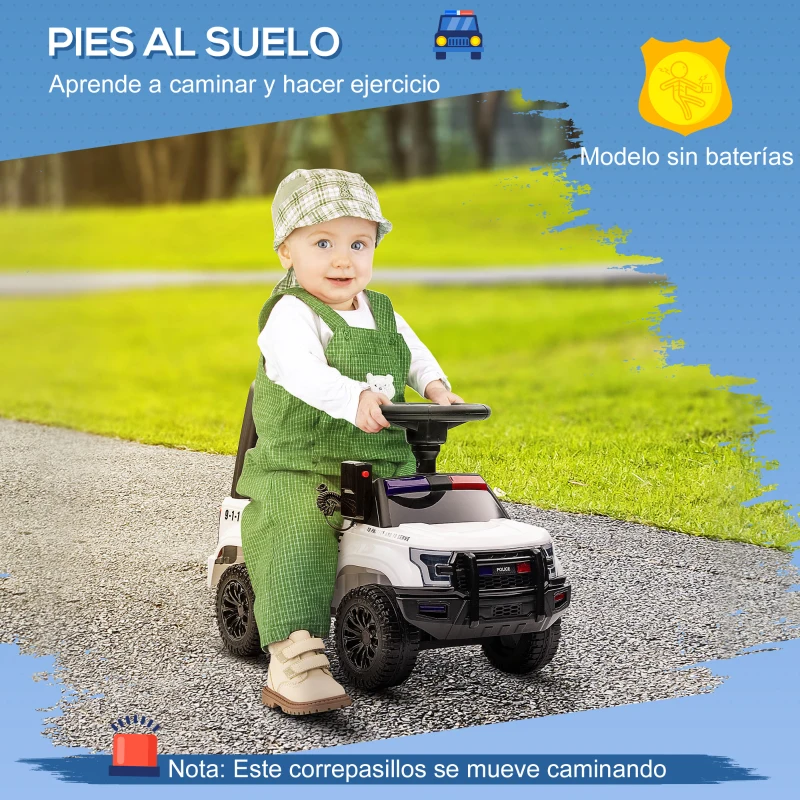 HOMCOM Coche Correpasillos de Policía para Bebé Coche sin Pedales con Megáfono y Almacenaje Oculto 62x29x43 cm Blanco