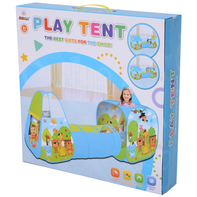 HOMCOM Casa de Juegos para Niños Myores de 3 Años Tienda de Campaña Infantil Diseño 3 en 1 Plegable con Túnel Sistema Pop-up Gran Espacio Divertido Multicolor 230x74x93cm