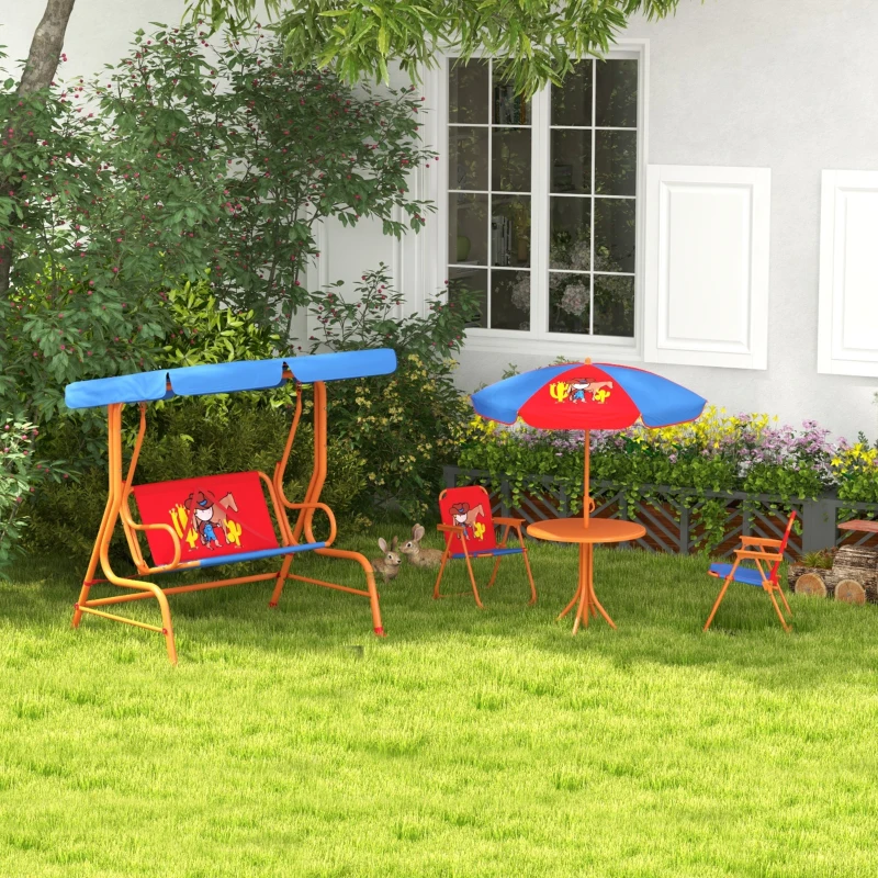 Outsunny 4 Piece Kids Garden Furniture Set with Adjustable Canopy, Cowboy Themed, Kids Garden Table and Chair Set and Double Seat Swing Chair for Patio Park Porch, for Ages 3-6 Years - Red and Blue