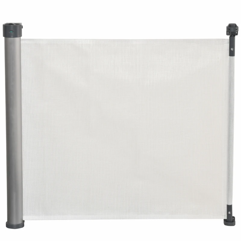 PawHut Barrière animaux rétractable automatique barrière de sécurité enroulable pour escaliers barrière extensible opération à une main dim. 1,4L x 0,88H m aluminium maille PVC blanc