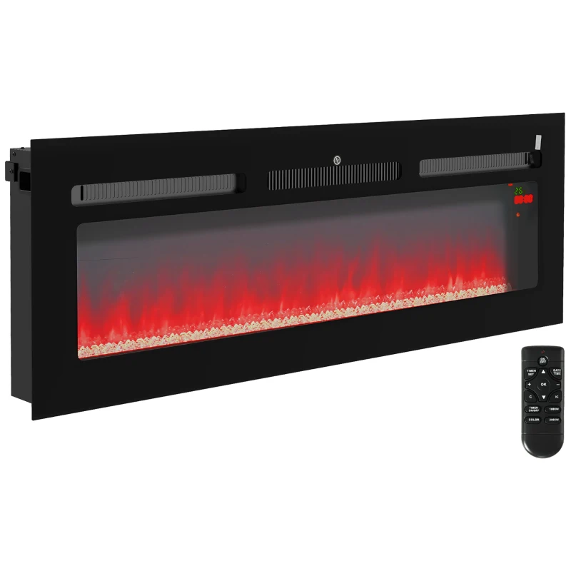 HOMCOM 127cm/50" Electric Fireplace, 2000W Recessed and Wall Mounted Electric Fire with Remote Control, 9 Flame Colour and Crystal, Black