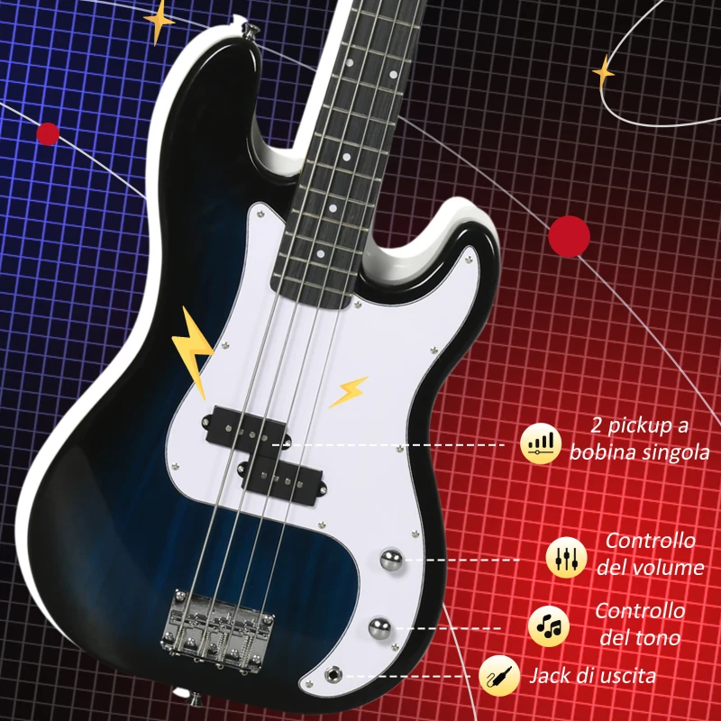 SPORTNOW Basso Elettrico 4 Corde con Amplificatore 15W, Borsa, Tracolla e Plettri, Colore Blu Scuro