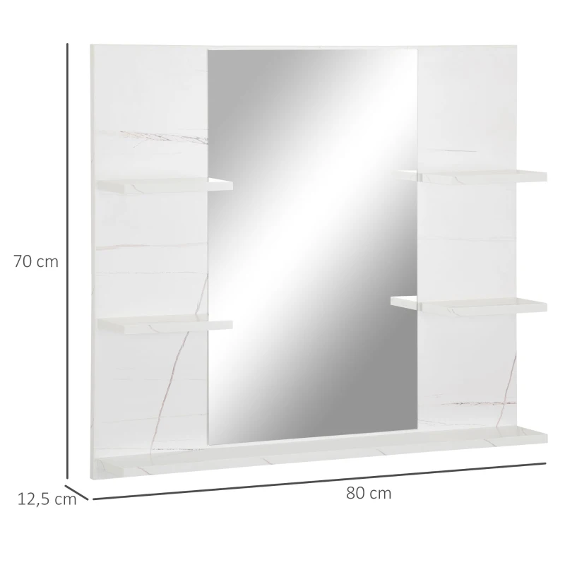 kleankin Miroir mural de salle de bain avec étagères de rangement - 4 étagères latérales + 1 étagère inférieure - MDF