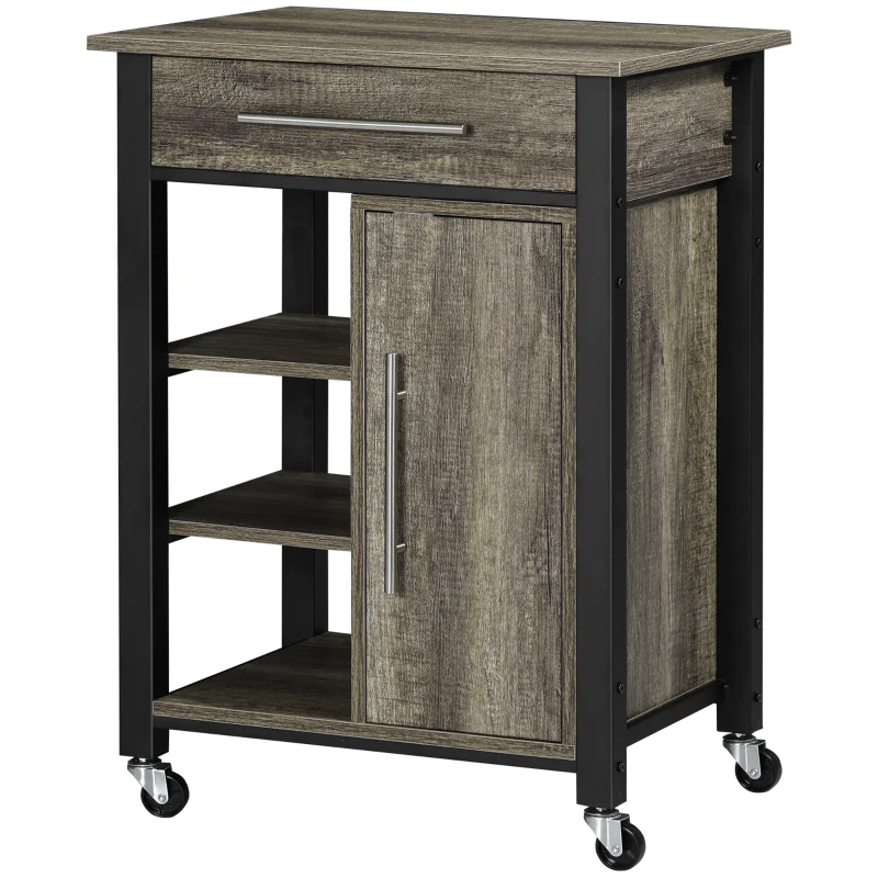 HOMCOM Carrello da Cucina Portavivande con Cassetto, Mensole, Armadietto e 4 Ruote, Legno Truciolare, 60x50x84.5cm, Quercia