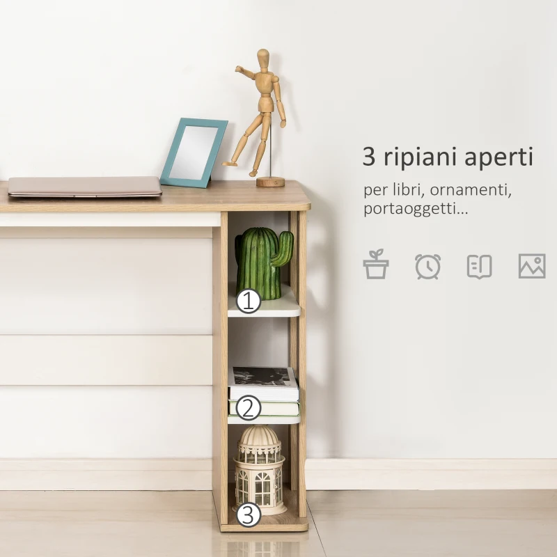 HOMCOM Scrivania Moderna in Legno con Scaffale a 3 Ripiani, 100x44x74cm, Bianco e Quercia