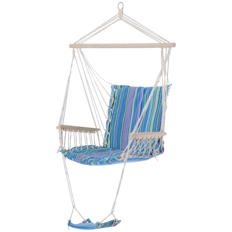 Outsunny Hanging Rope Chair with Soft Padded Seat & Backrest, Portable Garden Hammoc Chair with Wooden Support Bar, Armrests, Cotton Cloth, Footrest, for Patio & Tree, Blue