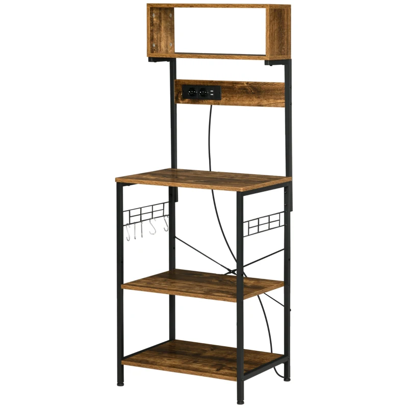 HOMCOM Estantería de Cocina Mueble para Microondas con Toma de Corriente 2 Cargadores USB 5 Ganchos 60x42x153 cm Marrón