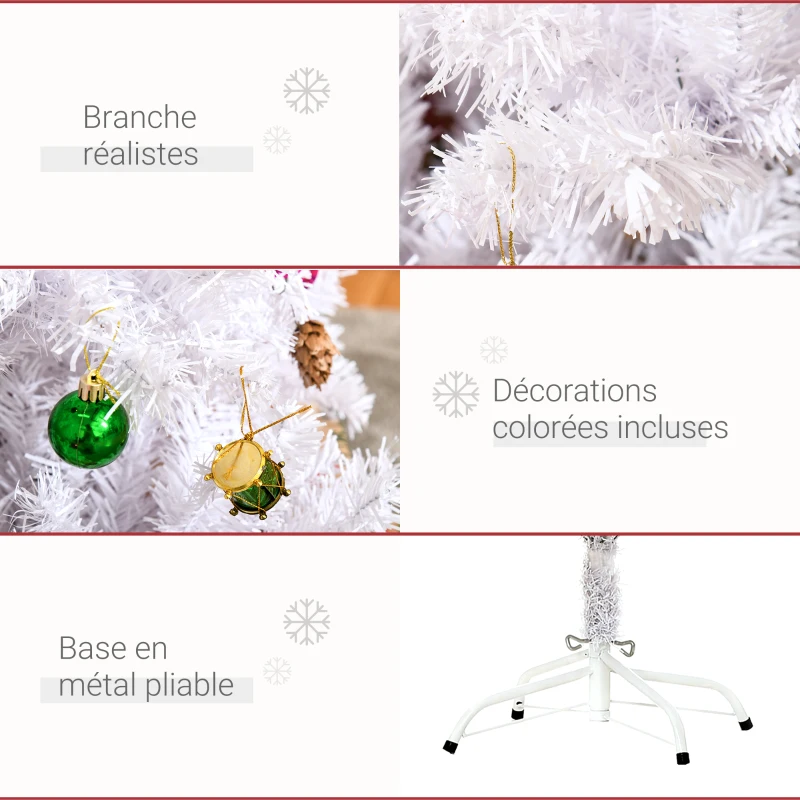 HOMCOM Sapin Arbre de Noël Artificiel Blanc 150 cm 680 Branches avec Nombreux Accessoires variés