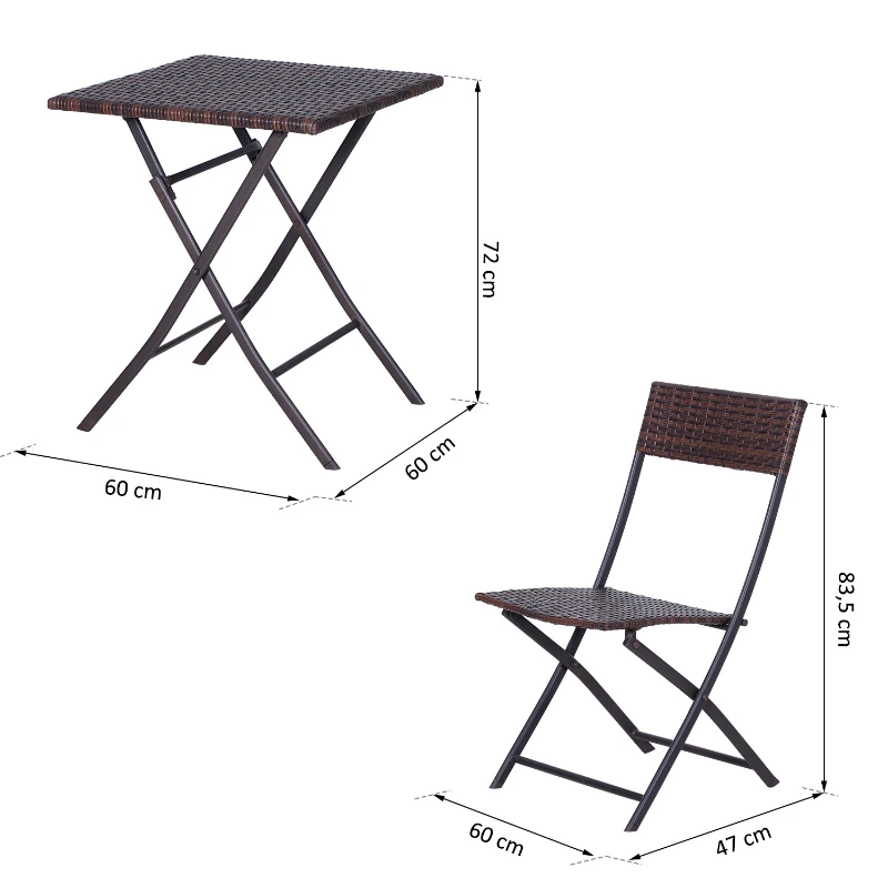 Outsunny Conjunto de Muebles de Jardín Plegable de 3 Piezas Juego de Sillas y Mesa de Ratán para Patio Balcón Jardín Diseño Trenzado Elegante Mesa de 60x60x72 cm Marrón