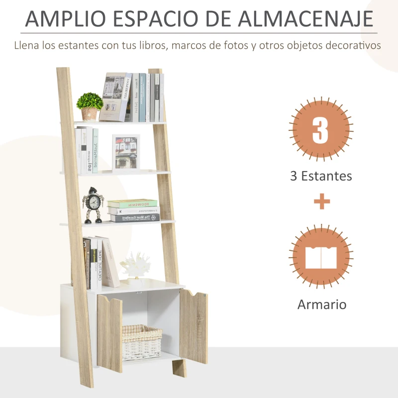 HOMCOM Estantería en Forma de Escalera de Madera Librería con 3 Estantes y 1 Armario de Almacenaje 60x40x171 cm Roble y Blanco